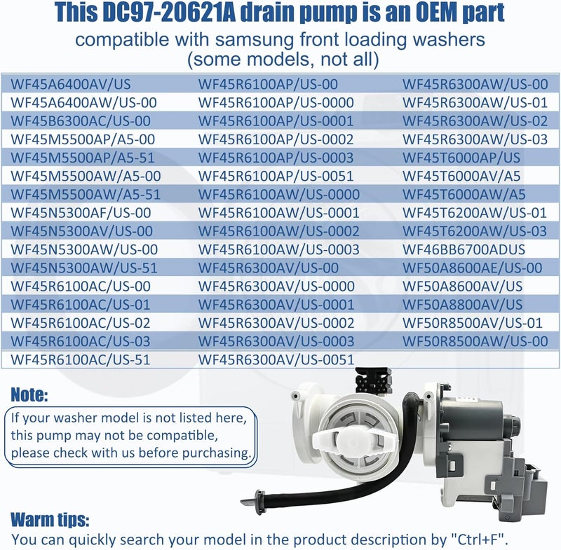 Garsoo DC97-20621A, DC97-17999N Drain Pump Assembly(OEM) Compatible with samsung washer(some models), Replace Number: DC31-00187A, PX3516-01, AP6807020, 4959632, PS12592830, EAP12592830 etc - Image 3